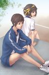  1girl bad_id bad_pixiv_id brown_eyes brown_hair gym_uniform hiratoki jacket kyon shoes sneakers suzumiya_haruhi suzumiya_haruhi_no_yuuutsu 