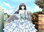  1girl black_hair dress flower gloves jewelry long_hair sky solo stellar_theater wedding 