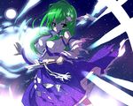  blue_vert detached_sleeves frog green_eyes green_hair hair_ornament kochiya_sanae long_hair snake solo touhou 