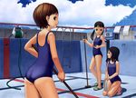  ass bad_id bad_pixiv_id black_hair broom brown_eyes brown_hair cleaning empty_pool flip-flops hose kneeling multiple_girls one-piece_swimsuit original pool pool_ladder sandals school_swimsuit short_hair short_twintails starting_block swimsuit tsuda_souichirou twintails 