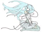  alternate_costume aqua_hair hatsune_miku long_hair seiza simple_background sitting skirt smile solo thighhighs twintails very_long_hair vocaloid yamaguchi_ame 