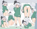  1girl :/ :| arms_at_sides arms_behind_back ass bangs bent_over black_hairband blue_eyes blush bob_cut bow bow_panties closed_mouth commentary_request floating full_body ghost green_jacket hairband highres hitodama jacket jacket_lift katana kneepits konpaku_youmu konpaku_youmu_(ghost) lifted_by_self long_sleeves looking_at_viewer looking_back looking_to_the_side lying multiple_views no_pants on_stomach open_mouth panties scabbard sheath shoes short_hair sideways_glance silver_hair sitting sneakers socks standing sword thighs touhou turnip_kabura underwear weapon white_footwear white_legwear 