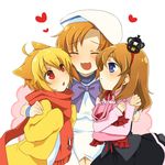  2girls :3 androgynous animal_ears blonde_hair blue_eyes brown_hair child company_connection creator_connection crossover crown hat heart higurashi_no_naku_koro_ni hug lowres meimone multiple_girls orange_hair red_eyes ryuuguu_rena sakutarou scarf take_it_home umineko_no_naku_koro_ni ushiromiya_maria 