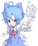  1girl :o ahoge blue_eyes blue_hair bow cirno foreshortening hair_bow hands ice oekaki pointing poketto short_hair solo touhou wings 