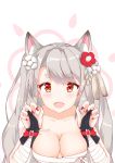  absurdres animal_ears azur_lane breasts claw_pose commentary_request eyebrows_visible_through_hair fang fingerless_gloves flower gloves grey_hair highres laji_jiansheng large_breasts long_hair nail_polish red_eyes red_nails sarashi solo wolf_ears yuudachi_(azur_lane) 