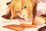  animal_ears aqua_eyes blonde_hair cat_ears cat_tail face kagamine_len kemonomimi_mode lying male_focus mukkun necktie on_stomach solo tail vocaloid 