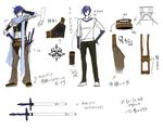  blue_scarf character_sheet fantasy kaito male_focus scarf simple_background sketch suzunosuke_(sagula) sword synchronicity_(vocaloid) translation_request vocaloid weapon 