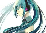  aqua_eyes aqua_hair bad_id bad_pixiv_id hatsune_miku headphones headset long_hair looking_back necktie simple_background smile solo sumi_(38page) twintails vocaloid 