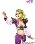  blonde_hair breasts cleavage dress green_eyes jacket jaina_proudmoore korean long_hair midriff navel warcraft world_of_warcraft 