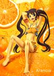  arancia armpits arms_behind_head arms_up bad_id bad_pixiv_id barefoot black_hair feet food fruit highres legs long_hair midriff miniskirt navel open_mouth orange orange_(color) orange_eyes orange_skirt original sitting skirt solo twintails urban_(artist) 