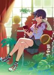  bakemonogatari bandages basketball bike_shorts black_hair book book_stack brown_eyes crossed_legs highres kanbaru_suruga long_legs monogatari_(series) official_art reading school_uniform short_hair sitting sitting_on_books skirt smile solo tomboy too_many too_many_books watanabe_akio 