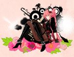  alternate_hairstyle aqua_eyes boots casual fashion flower gloves guitar hair_flower hair_ornament high_heels instrument jewelry katase_waka long_hair megurine_luka pantyhose pink_hair rose shoes side_ponytail single_thighhigh sitting smile solo thighhighs vocaloid 