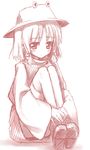  boots frown full_body hat hiraga_matsuri leg_hug monochrome moriya_suwako sad short_hair simple_background sitting sketch solo teardrop tears thighhighs touhou wide_sleeves 