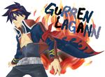  belt blue_hair goggles goggles_on_head jacket male_focus mosako open_clothes open_jacket simon solo tengen_toppa_gurren_lagann trench_coat 