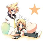  1girl ass bad_id bad_pixiv_id blonde_hair blue_eyes bottomless brother_and_sister hair_ornament hair_ribbon hairclip kagamine_len kagamine_rin necktie purinko ribbon short_hair siblings sitting smile top-down_bottom-up twins vocaloid yellow_neckwear 