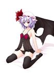  bat_wings hat jpeg_artifacts lingerie negligee panties purple_hair red_eyes remilia_scarlet short_hair side-tie_panties solo thighhighs touhou underwear utakata_(kochou_no_yume) wings 