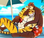  abs anthro beach_ball bear bearlovestiger13 biceps bulge clothing duo feline fur hug juuichi_mikazuki male mammal morenatsu muscles nipples pecs summer swimsuit tiger torahiko_ooshima water 