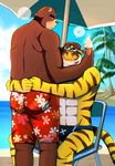  abs anthro beach bear bearlovestiger13 beverage biceps blush brown_fur brown_stripes bulge butt butt_grab clothed clothing duo embrace eyes_closed eyewear feline food fur goggles half-dressed hand_on_back hand_on_butt hug ice_cream juuichi_mikazuki male male/male mammal morenatsu muscles nipples pecs sea seaside shorts smile speedo stripes swimsuit teeth tiger toned topless torahiko_ooshima water yellow_fur 