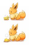  blush_stickers commentary eevee gen_1_pokemon gen_5_pokemon joltik kinakomochi_(kazuna922) no_humans pokemon pokemon_(creature) shadow simple_background tail white_background 