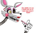  animatronic canine english_text female five_nights_at_freddy&#039;s five_nights_at_freddy&#039;s_2 fox glowing glowing_eyes lipstick machine mammal mangle_(fnaf) mechanical pregnancy_test robot solo text video_games yellow_eyes 