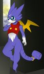  anthro anthrofied blush bottomless clothed clothing crop_top digimon dragon embarrassed flat_colors front_view gumdramon half-dressed male outside solo standing v-d-k wings 