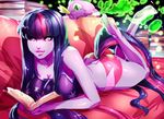  2015 absurd_res animal_tail barefoot book clothed clothing dragon duo female friendship_is_magic green_eyes hair hi_res human humanoid_feet lying mammal my_little_pony on_front panties plantigrade purple_skin scalie sofa spike_(mlp) twilight_sparkle_(mlp) underwear xdtopsu01 