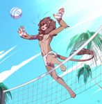  anthro armband bandage beach claws clothed clothing feline half-dressed jumping lion male mammal mane neck_fluff net nipples open_mouth outside palm_tree pawpads paws peritian red_eyes seaside shorts solo sports topless tree volleyball 