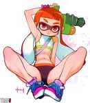  arm_up armpits bare_shoulders bracelet doxy eyebrows flat_chest inkling jewelry legs long_hair looking_at_viewer midriff navel parted_lips red_eyes red_hair shoes signature sneakers solo splatoon_(series) splatoon_1 splattershot_(splatoon) sports_bra spread_legs squid thighs water_gun watermark 