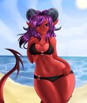  2015 anthro avoid_posting beach bikini breasts cleavage clothed clothing cloud conditional_dnp dragon hair horn invalid_tag long_hair mrawl navel outside pointy_ears purple_eyes purple_hair red_skin sand sea seaside sky standing sun swimsuit thick_thighs water wide_hips 
