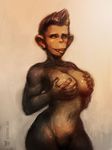  2015 anthro ape breasts chimpanzee female hair mammal neurodyne nude piercing plain_background primate smile solo tongue yello 