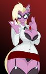  2015 anthro anthrofied big_breasts blonde_hair bra breasts brown_eyes cleavage clothed clothing earth_pony equine eyewear female friendship_is_magic glasses hair horse janine_manewitz_(mlp) jrvanesbroek legwear looking_at_viewer mammal miniskirt my_little_pony notepad panties pen pencil pony portrait solo stockings underwear wide_hips 