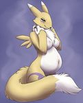  2014 black_sclera blue_eyes blush bodyxcount breasts convenient_censorship digimon facial_markings female fur gloves_(marking) half-closed_eyes looking_at_viewer markings navel nipples nude pregnant renamon smile solo standing wet white_fur yellow_fur 
