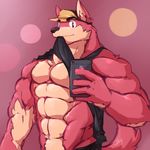  abstract_background anthro canine cellphone clothing hat iphone looking_at_viewer male mammal muscles phone selfie shirt shirt_lift solo waddledox 