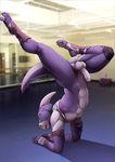  2015 anthro balls claws clothing dinosaur erection fingerless_gloves gloves hindpaw horn humanoid_penis inside looking_back looking_up male navel open_mouth paws penis purple_skin solo thick_thighs tongue twinkle-sez 