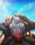  abs anthro beach biceps big_muscles canine clothing fur male mammal muscles nipples pecs red_eyes seaside sky underwear water wolf 魔夜星辰 