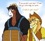  2015 anthro anthrofied bandage barrel blonde_hair blush braeburn_(mlp) brown_hair clothing cowboy_hat duo equine friendship_is_magic green_eyes hair hasana-chan hat horse invalid_tag male mammal muscles my_little_pony overalls pony troubleshoes_(mlp) 