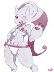  anthro bikini blush bra clothed clothing girly hand_on_hip legendary_pok&eacute;mon lightsource looking_at_viewer male mega_evolution mega_mewtwo mega_mewtwo_y mewtwo navel nintendo one_eye_closed open_mouth pok&eacute;mon red_eyes smile solo standing swimsuit teeth underwear video_games 