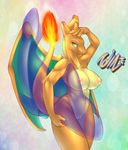  abstract_background anthro breasts charizard dragon female fire green_eyes inflatable_toys navel nintendo nipples nude pok&eacute;mon pose pussy scalie smile solo tailzkim video_games wings 