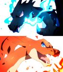  ambiguous_gender blue_eyes charizard dragon duo fire fire_breathing looking_at_viewer mega_charizard mega_charizard_x mega_charizard_y mega_evolution moxie2d nintendo pok&eacute;mon red_eyes video_games 
