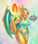  abstract_background anthro bikini bra charizard clothing dragon female fire green_eyes navel nintendo pok&eacute;mon pose scalie smile solo swimsuit tailzkim underwear video_games wings 