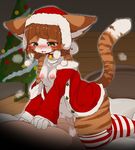  2014 anthro bed bell blush bottomless breasts brown_fur brown_hair cat censored chipar christmas christmas_tree clothed clothing cowgirl_position duo feline female female/female fur green_eyes hair half-dressed hat holidays human human_on_anthro inside interspecies legwear male mammal nipples on_top open_mouth partially_clothed penis santa_costume santa_hat sex stockings tree white_fur wood 