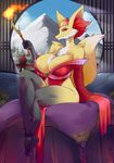 2015 anthro anthrofied big_breasts bigger_version_at_the_source breasts canine claws cleavage clothed clothing delphox female fire fox fur inner_ear_fluff liveforthefunk looking_at_viewer mammal mountain nintendo pok&eacute;mon pok&eacute;morph red_eyes sitting smile solo stick video_games wide_hips 