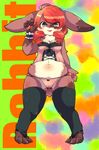  breasts brown_fur clothing fur grey_fur hair kemono lagomorph legwear long_hair mammal open_mouth panties powderkona rabbit red_hair stockings underwear 