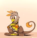  amber_eyes avian beak bird bottomless braeburned claws clothed clothing fan_character feathers fur gryphon half-dressed male mammal orange_eyes paws plain_background sitting solo sparkles sweater talons umber 