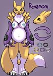  2015 black_sclera blue_eyes blue_nipples breasts chest_tuft claws clothing digimon facial_markings female fur gloves looking_at_viewer markings model_sheet navel nipples pregnant renamom renamon solo standing tuft white_fur yellow_fur yin_yang 