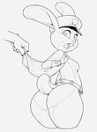  anthro cbee claws disembodied_hand female grey_background greyscale hat lagomorph looking_at_viewer looking_back lt._judy_hopps mammal monochrome open_mouth plain_background police rabbit surprise wide_hips zootopia 