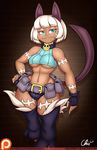  :3 animal_ears blue_eyes breasts cat_ears cleavage clothed clothing collar dark_skin fangs female hair hand_on_hip human mammal midriff ms._fortune nekocrispy pouch scar skullgirls smile solo wall white_hair wide_hips 