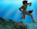  animal_ears canine clothing dog fcsimba fishing hunting loincloth male mammal polearm smile solo spear swimming tattoo tribal underwater water weapon wolf 