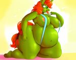 2015 anthro areola big_breasts breasts cutie_mark equine fan_character female green_eyes green_skin hair horn huge_breasts kneeling mammal my_little_pony navel nipples obese orange_hair overweight sirmasterdufel solo tongue tongue_out unicorn weight_gain 