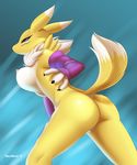  2015 anthro arm_sleeves breasts butt claws devo87 digimon female fur hi_res nipples nude pussy renamon solo yellow_fur 